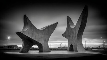Fototapeta premium Bold Abstract Concrete Sculptures Against a Moody Sky