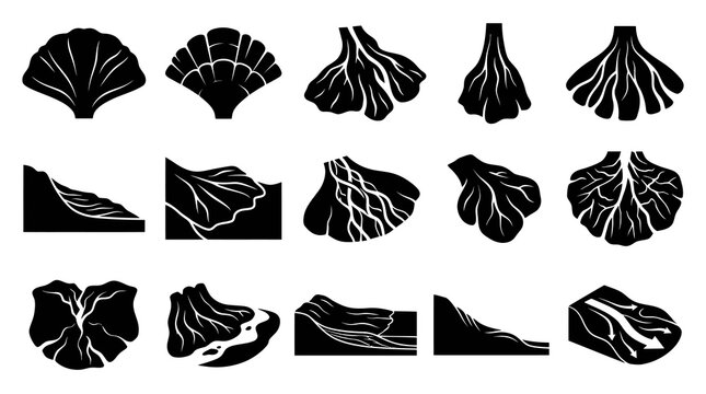 Black  White Glyphs of River and Erosion Landforms, Geology Icons