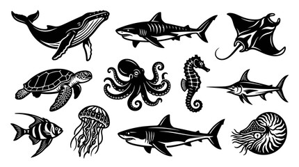 Obraz premium Black and White Silhouette Marine Life Vector Set: Ocean Animals Sea Creatures Collection