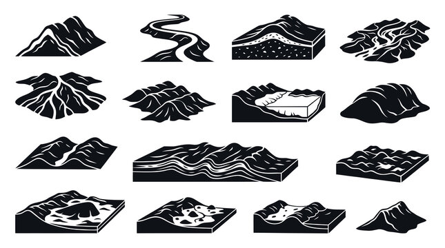 Earth Science Landforms and Terrain Glyph Icons Set. Geology and Geography Silhouettes: Mountains, Rivers, Valleys, Cross-sections.