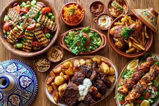 Moroccan and middle eastern food spread with grilled meat tagine salad and dips