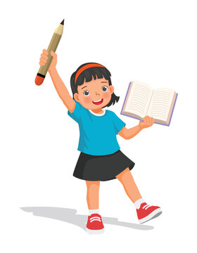 Little girl holding big pencil and opened book