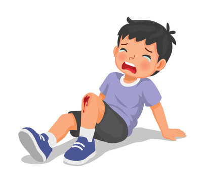 Little boy has knee injury after falling down scratching her knee bleeding
