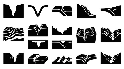 Obraz premium Geological Landforms Black and White Vector Icons Set