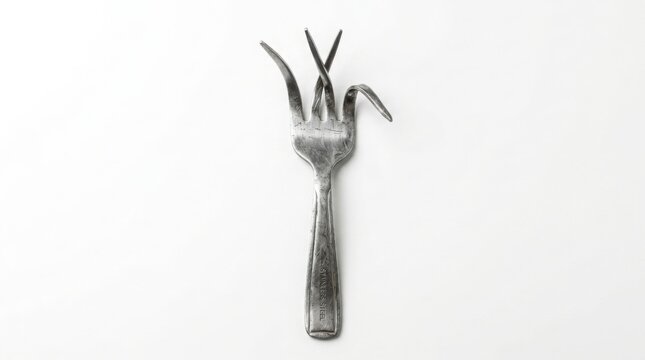 Close-up of modern stainless steel fork with intentionally bent tines on white background