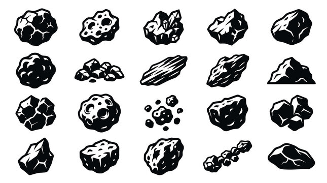 Stylized Black  White Glyph Icons of Mining Rocks, Geology Minerals, Ore, and Space Asteroids
