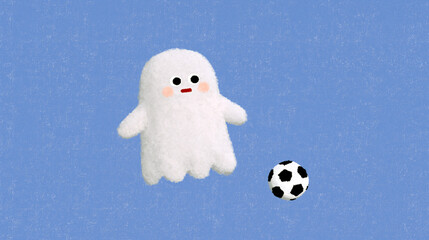 サッカーをするかわいいおばけのキャラクター、パステルカラーの背景、絵本風イラスト、スポーツの楽しさ、生成AI © akalith.studio