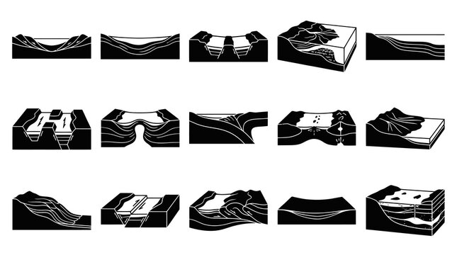 Geology Landforms and Formations Black  White Glyph Icons Set - Earth Science Cross-Section Diagrams