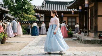 Fototapeta premium Woman in traditional Korean dress walking down a courtyard path surrounded by people