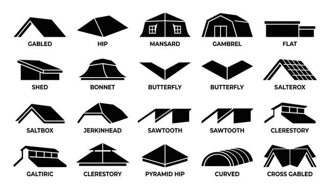 Black  White Glyph Icons of Various Roof Types for Architecture and Construction