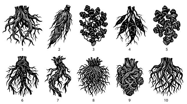 Black  White Woodcut Root Plants Icon Set: Food, Agriculture, Herbal Medicine  Botany Graphics