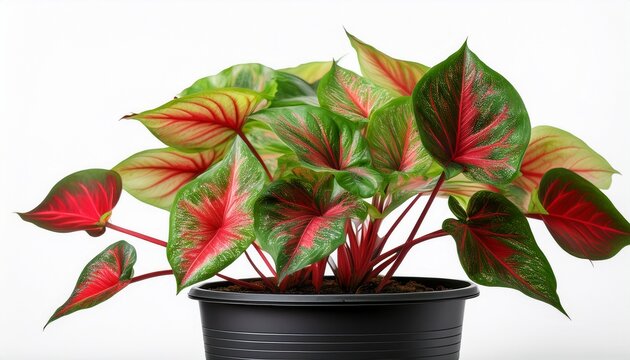 Caladium Bicolor With Vibrant Red And Green Leaves In A Black Plastic Pot Isolated On White Background