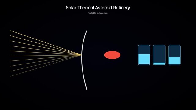Solar thermal asteroid refinery animation: volatile extraction process for space mining and future energy technology concepts