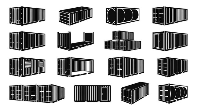 Shipping and Logistics Industry Cargo Containers Vector Icons. Black and White Freight Storage Glyphs Set.