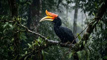 Fototapeta premium Rhinoceros hornbill perching on a mossy branch in heavy tropical rain