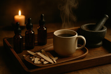 Fototapeta premium Steaming coffee cup on wooden tray with dropper bottle and mortar in candlelight wellness ritual setting