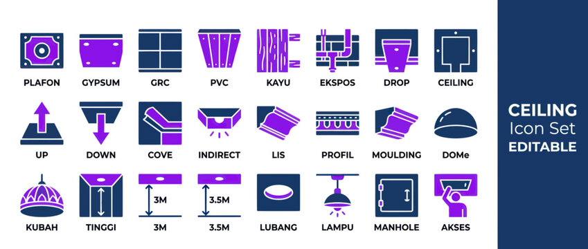 Ceiling Icon Set: Gypsum, PVC, Wood, Drop, Cove, Lighting, Dome & More
