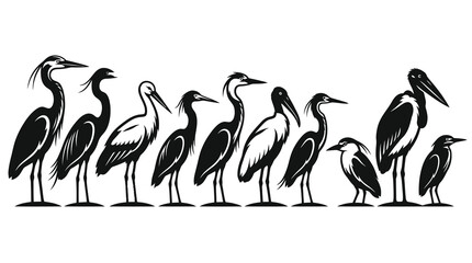 Obraz premium Nature Wildlife Zoology Vector Glyph Set: Black and White Silhouettes of Wading Birds - Herons, Storks, Ibises Illustration