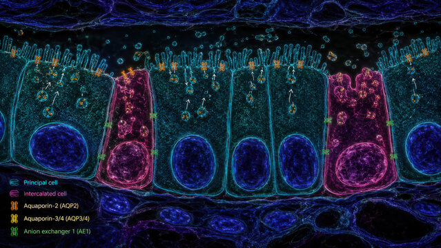 Fluorescence microscopy cross section of intestinal epithelium showing goblet cell, crypt structure, nucleus, and membrane channel distribution in false color