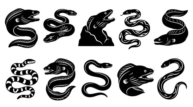 Black and White Stylized Eels and Snakes Glyph Vector Set for Marine Life  Wildlife Designs