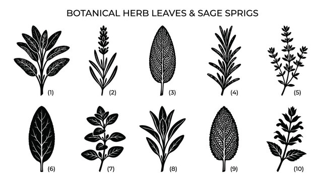 Botanical Herb Leaves  Sage Sprigs Black and White Line Art Vector