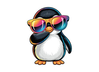 Obraz premium Cartoon penguin wearing colorful sunglasses arms crossed on transparent background penguins bird.
