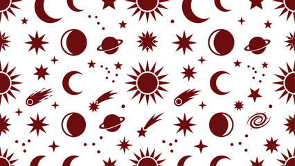 Cosmic Celestial Seamless Pattern with Sun, Moon Phases, Stars, Planets, and Comets. Abstract Space Vector Background Illustration. © Dijee Art