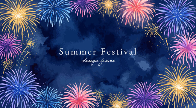 花火の背景イラスト,水彩風の夜空とはなび、夏祭りの濃紺フレーム枠、打ち上げ花火の長方形デザイン背景、サマーセール広告素材,手描きベクター,花火大会・納涼祭ポスター背景,夏のイベント告知テキストスペース