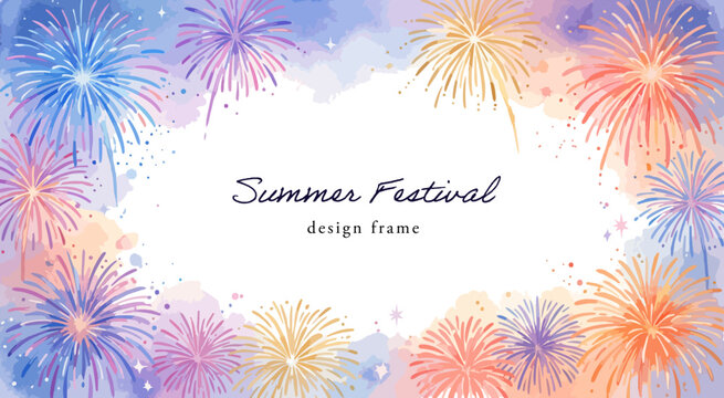 花火のフレームイラスト,水彩風のはなび、夏祭りの背景枠、打ち上げ花火の長方形デザインフレーム、サマーセール広告素材,手描きベクター,花火大会・納涼祭,飾り枠イラスト,夏のイベント告知テキストスペース