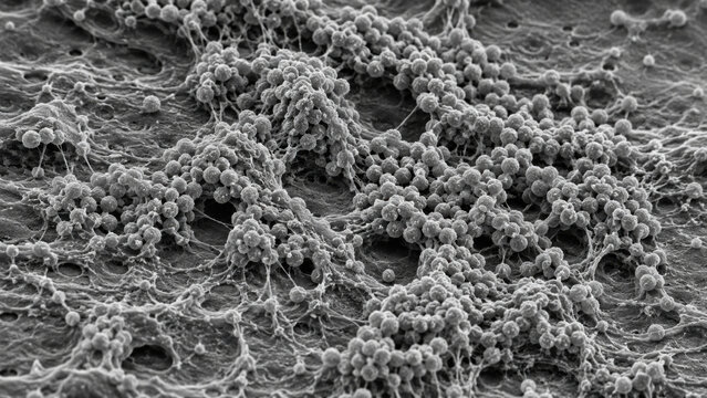 Scanning electron microscope image of bacterial colony on implant surface showing spherical clusters embedded in polysaccharide matrix threads with high depth of field