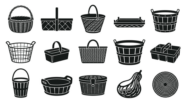 Farm Harvest Baskets  Containers Glyph Icons Set. Agriculture, Food  Picnic Woven Silhouette Vector Collection
