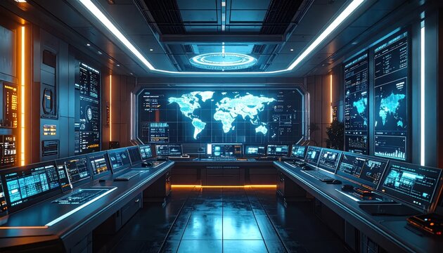Modern futuristic command center with digital world map.