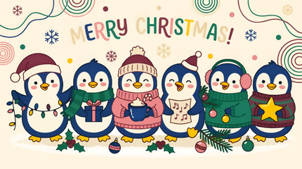 Fototapeta premium Cute Cartoon Penguins in Festive Christmas Outfits Celebrating, Holding Gifts and Hot Cocoa, Singing Carols, Flat Design Vector Illustration with Merry Christmas Text