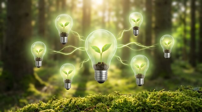 Green energy innovation network concept with small plants growing inside light bulbs connected by glowing electrical lines in a lush forest