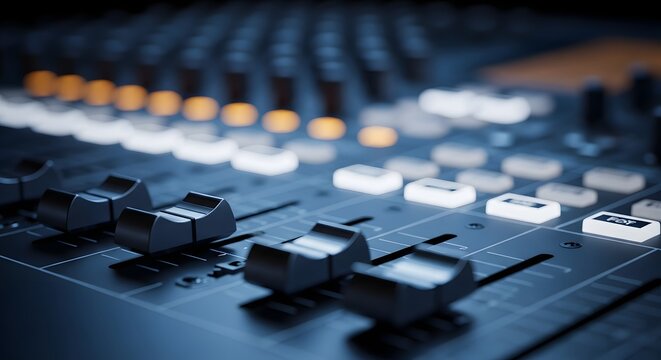 Audio mixing console with glowing buttons and faders