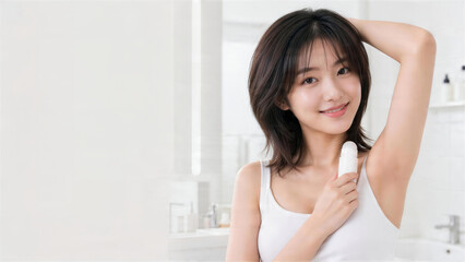 Naklejka premium ミディアムヘアの日本人女性がワキケア用ボトルを持つ美容ポートレート