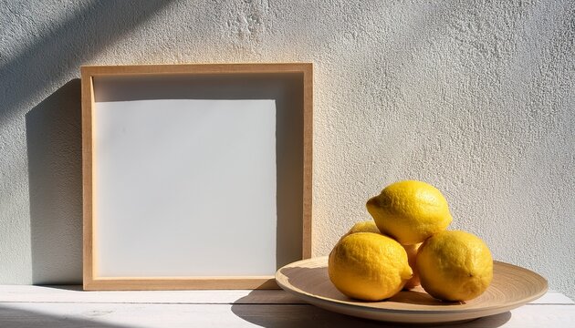Minimal Summer Scene Blank Square Wooden Picture Frame Mockup Poster Leaning On Old White Textured Wall Ceramic Plate Two Fresh Lemons Fruit In Natural Sunlight Mediterranean Outdoor Still Life