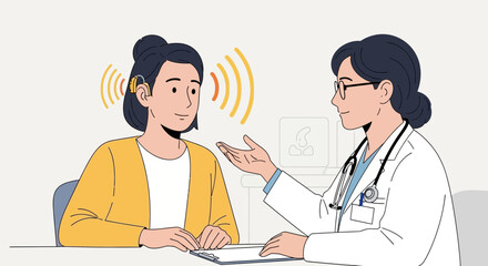 Fototapeta premium Doctor consults patient with hearing aid, sound waves illustration