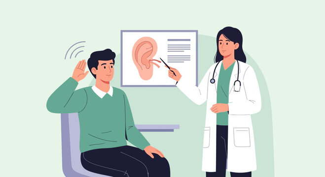 Doctor examines patient's ear, illustration of hearing problem diagnosis