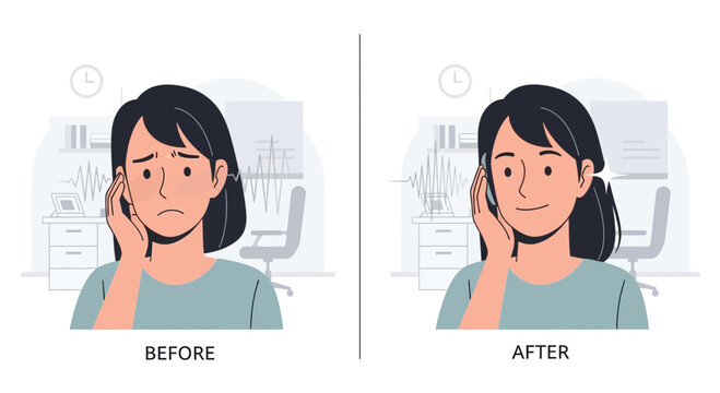 Woman's ear pain relief before and after treatment illustration