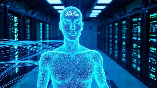 Digital human figure in server room