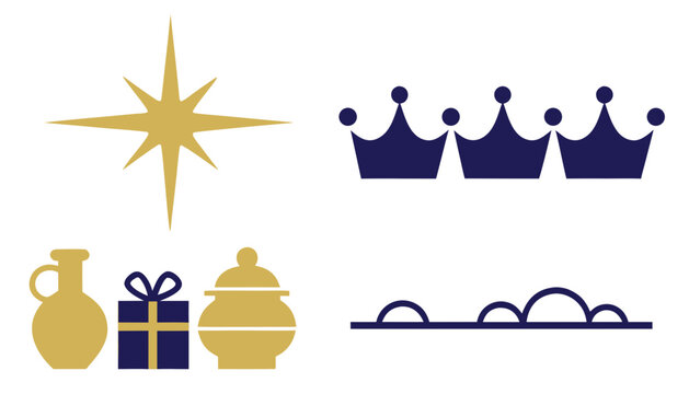 Minimalist Epiphany silhouettes featuring nativity religious symbols with gold and navy colors