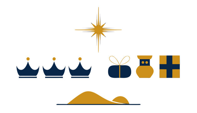 Minimalist Epiphany vector icons with three crowns Bethlehem star and magi gifts