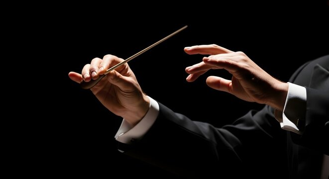 Conductor hands holding baton and gesturing