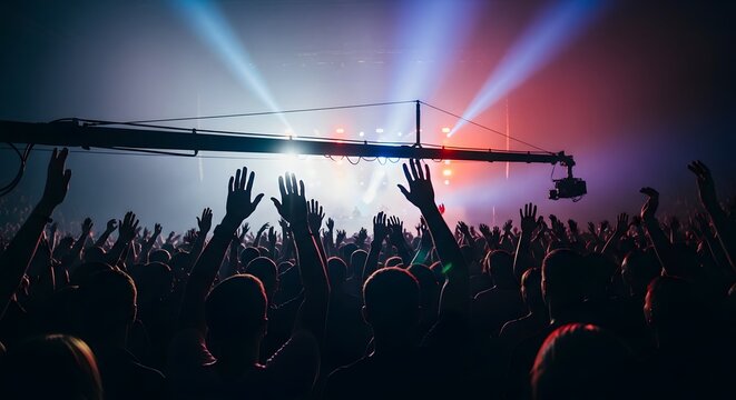 Crowd with raised hands at concert under stage lights