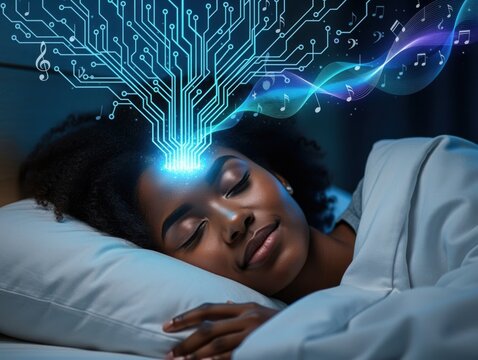 Person sleeping with futuristic circuit board digital brain visualization technology innovation thinking