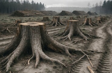 Obraz premium Wide view of a clear cut forest with many tree stumps and tire tracks in the muddy ground deforestation clearcut