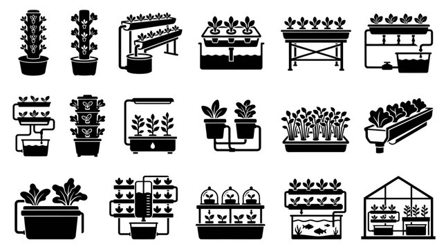 Hydroponic Farming Systems Icons: Vertical Tower, NFT, DWC, Aquaponics - Black and White Glyphs