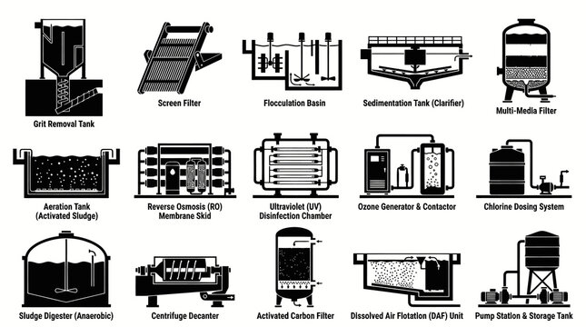 Water Treatment Equipment Icons: Black and White Industrial Process Symbols