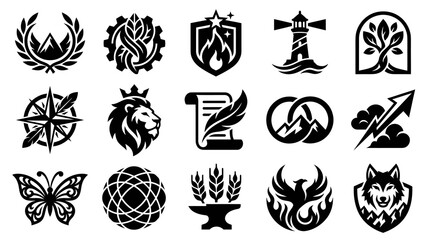 Fototapeta premium Black White Glyph Icons: Nature, Animals, Business Technology Symbols